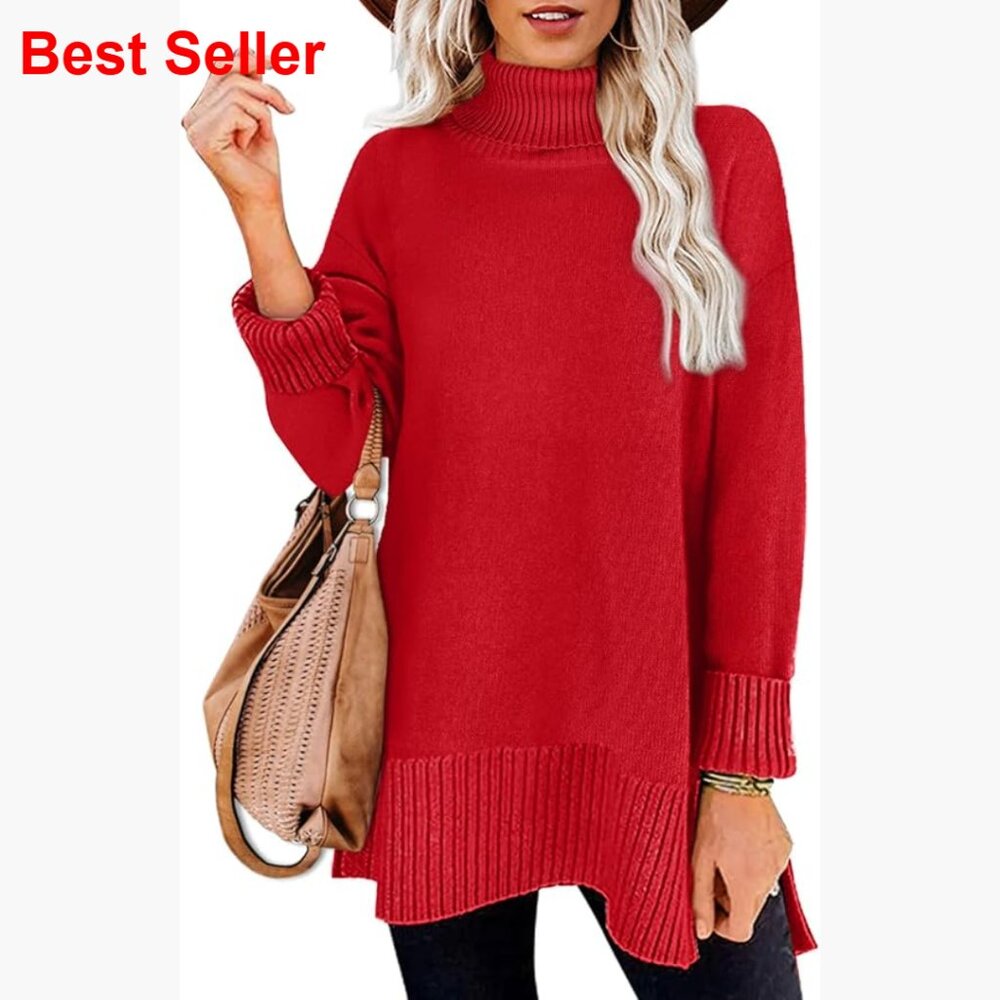 Turtleneck Side Split Oversized Pullover Sweater - image 1